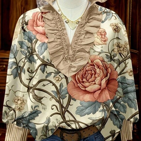 Multicolor Boho Women's Floral Print Ruffle V-Neck Striped Sleeve Top - Picture 3 of 3